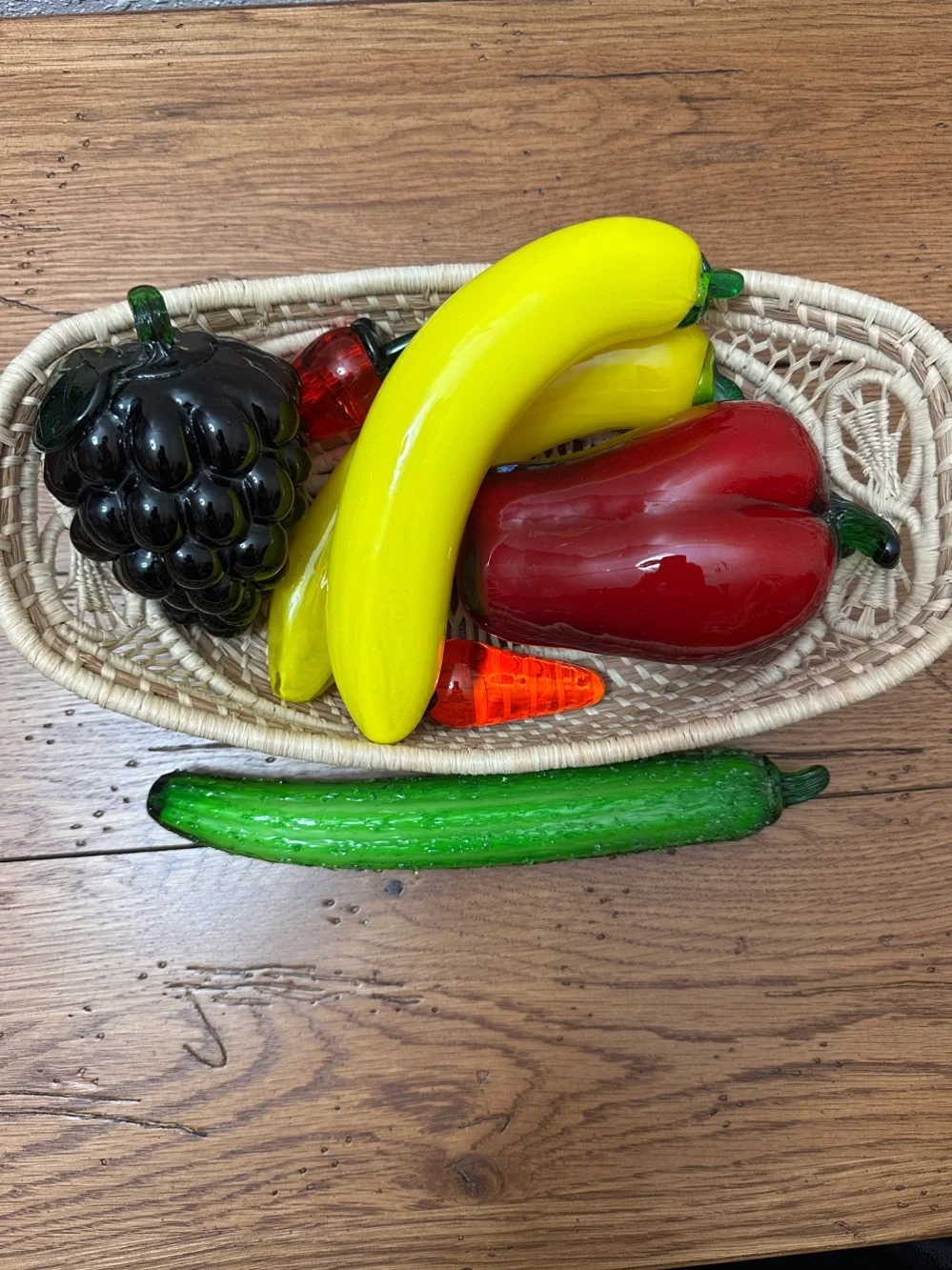 Decorative Glass Fruit Basket - Yellow Bananas, Red Peppers, Green Cucumber